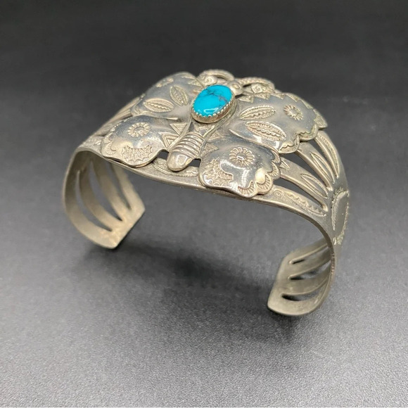 Vintage Southwest Style Silver Butterfly and Turquoise Wide Cuff Bracelet - Picture 7 of 12